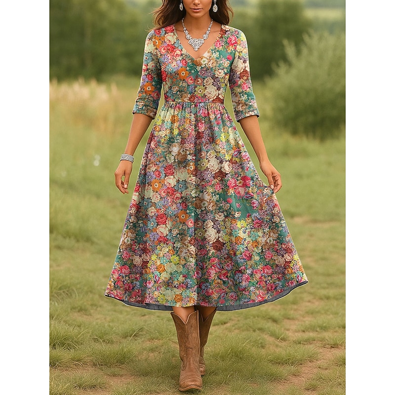 Women's Midi Dress Casual Dress A Line Dress Vacation Casual Regular Fit Floral Graphic 3/4 Length Sleeve V Neck Pink Red Navy Blue Blue Spring Fall