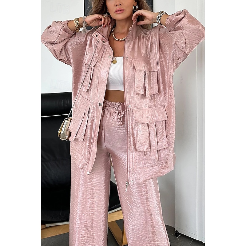 Women's Suits Comfortable Drawstring Pocket Full Zip Sports Fashion Daily Retro Plain School Vacation Home Office Cardigan Regular Stand Collar Loose Fit Long Sleeve Outerwear Silver Lake blue Black4