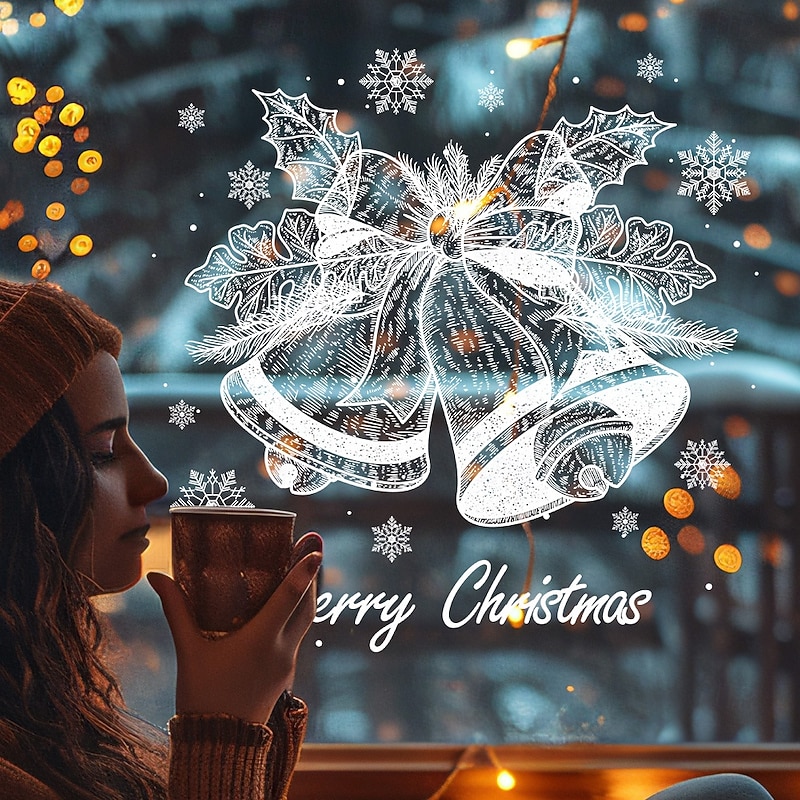 Christmas Window Clings Xmas Wall Sticker Holiday Decorations White Bell Snowflake Reusable Static Clings Non Adhesive Window Stickers Glass Door Room Festive Seasonal Home Decor3