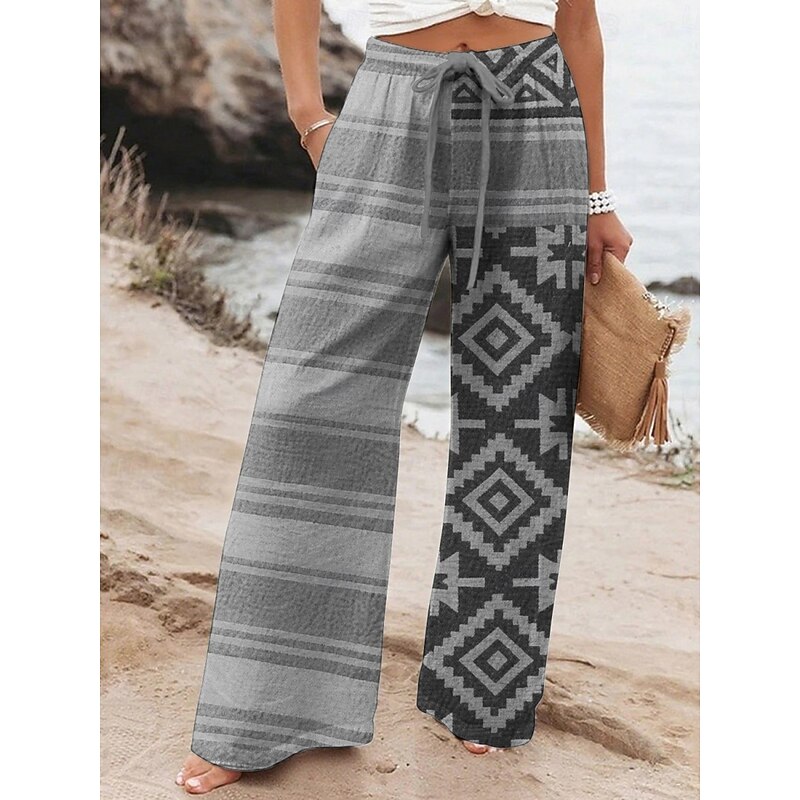 Women's Wide Leg Pants Trousers Retro Vintage Long High Waist Geometic Elastic Waist Printing High Cut Breathability Soft Micro-elastic Vacation Street Daily Wear Blue Purple Fuchsia Orange Spring4