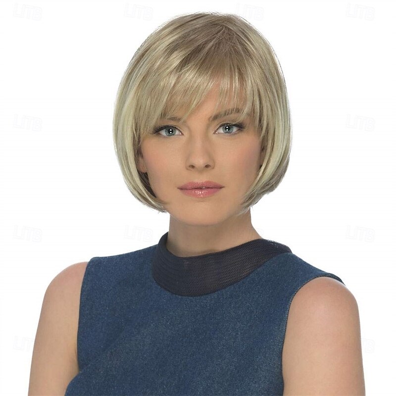 Short Blonde Straight Bob Wig, 10'' Heat-Resistant Synthetic Fiber Wig, Daily Wear & Cosplay, Natural Brown Color – Lightweight & Breathable