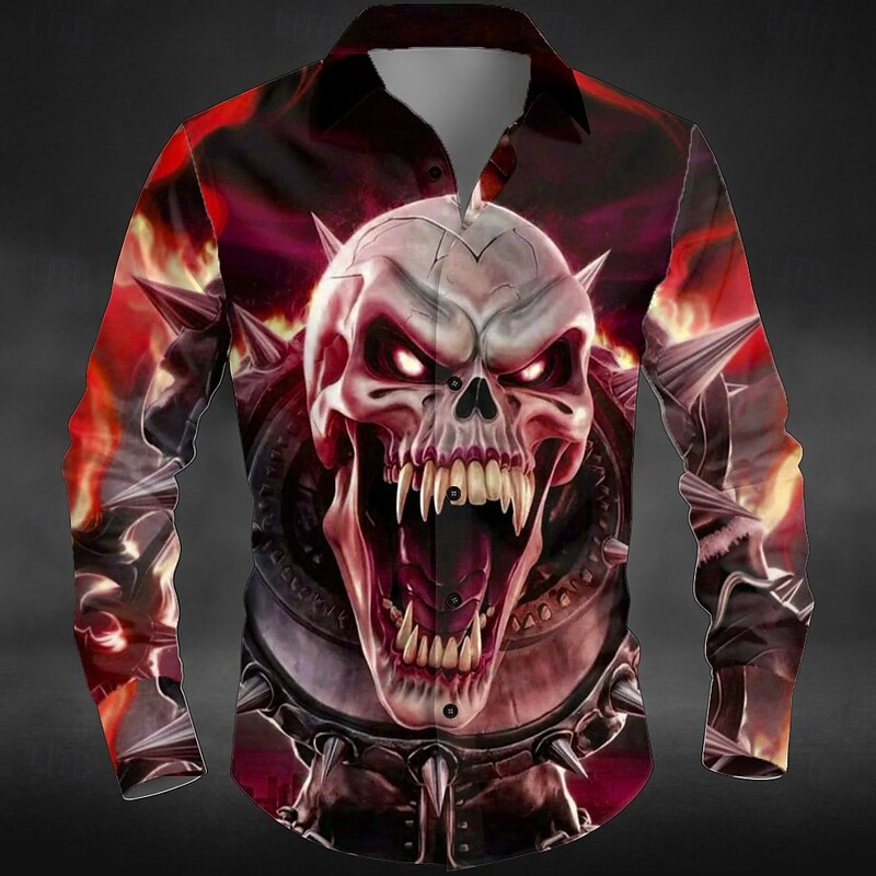 Halloween Men's Skull Neon Glow Halloween Costumes Shirt Button Up Shirt Long Sleeve Dark Punk Gothic Style Outdoor Holiday Summer Spring Turndown 3D Print Collared Shirts Red Blue Green3