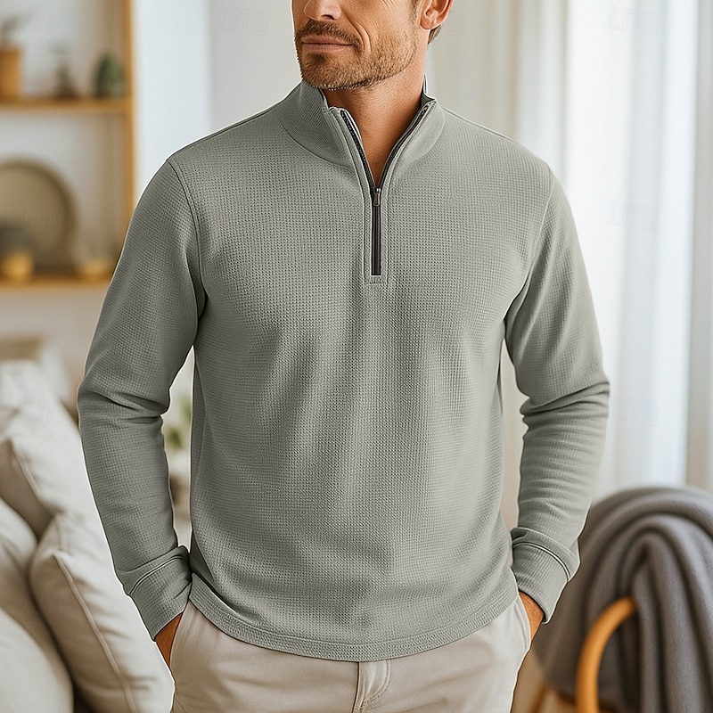 Men's Waffle Polo Shirts Vacation Work Quarter Zip Long Sleeve Fashion Modern Solid Color Knitted Spring &  Fall White Black Dark Grey Light Blue Waffle Polo Shirts3
