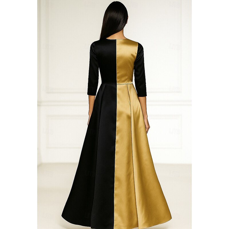 Black Gold A-Line Evening Gown Elegant Dress Formal Wedding Floor Length Half Sleeve V Neck Stretch Satin with Bow(s) Pleats2