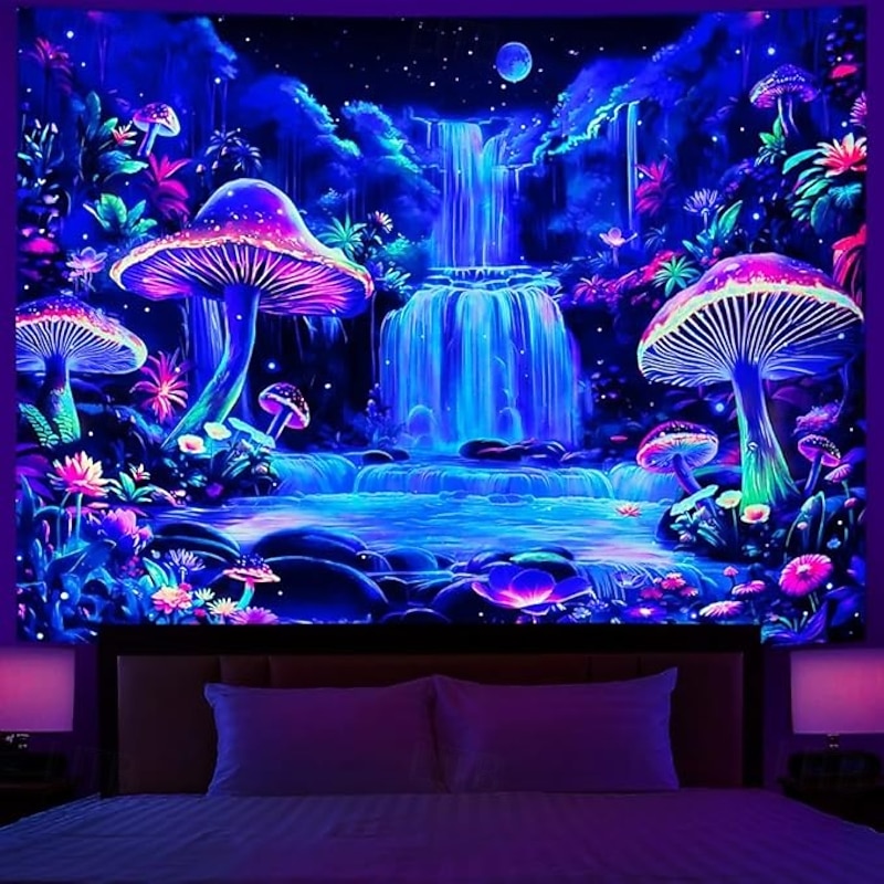 Mushroom Waterfall Blacklight Tapestry – Trippy Psychedelic Glow in the Dark Wall Hanging for Bedroom or Dorm Decor - Main Image