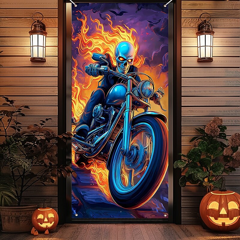 Halloween Door Cover Outdoor Banners Skeleton Motorcycle 3D Dark Punk Gothic Style Party Outdoor Shooting Backgrounds Front Door Wall Porch Home Decor4