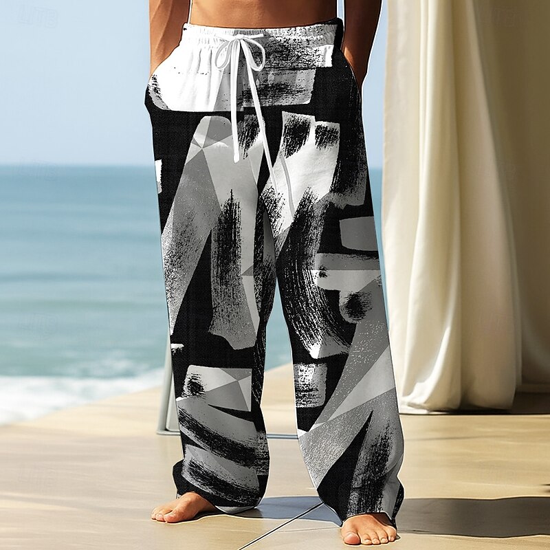 Men's Trousers Baggy Pants Casual Pants Elastic Drawstring Waist Linen-Like Pants with Pockets Abstract Letter Print Full Length Outdoor Vacation Streetwear Black Purple Inelastic2