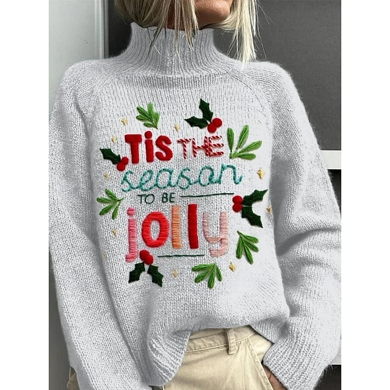 Women's Pullover Vacation Daily Tree Ribbed Turtleneck Knitted Print Long Sleeve Regular Tops Knit Outdoor Daily Holiday Black Blue Fall Winter3