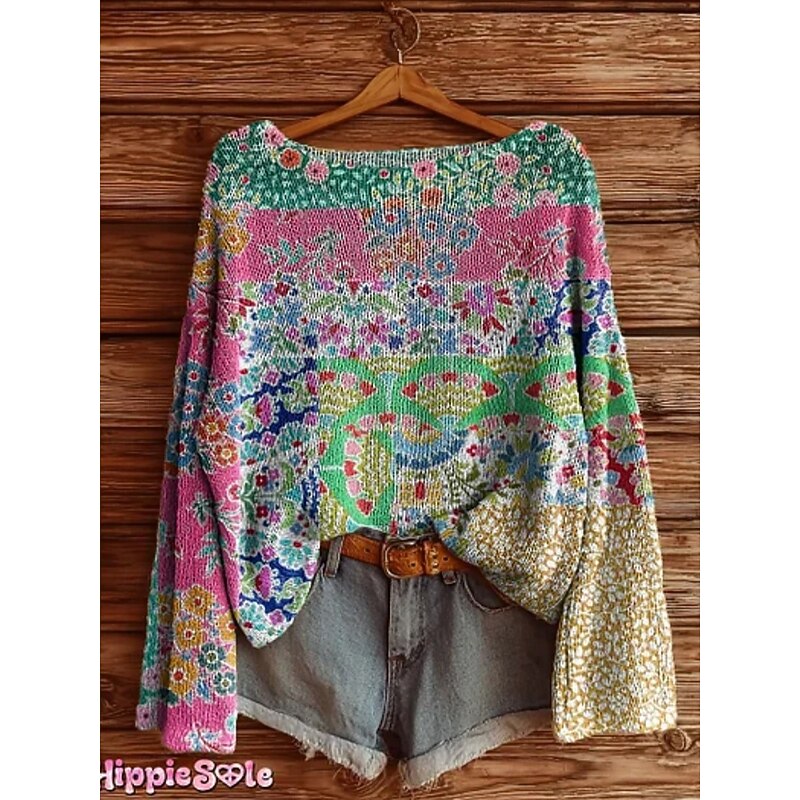 Women's Sweater Casual Soft Floral Geometric Stylish Modern Long Sleeve Crew Neck Regular Tops Daily Holiday Print Yellow Orange Green Rainbow Spring Fall Winter3