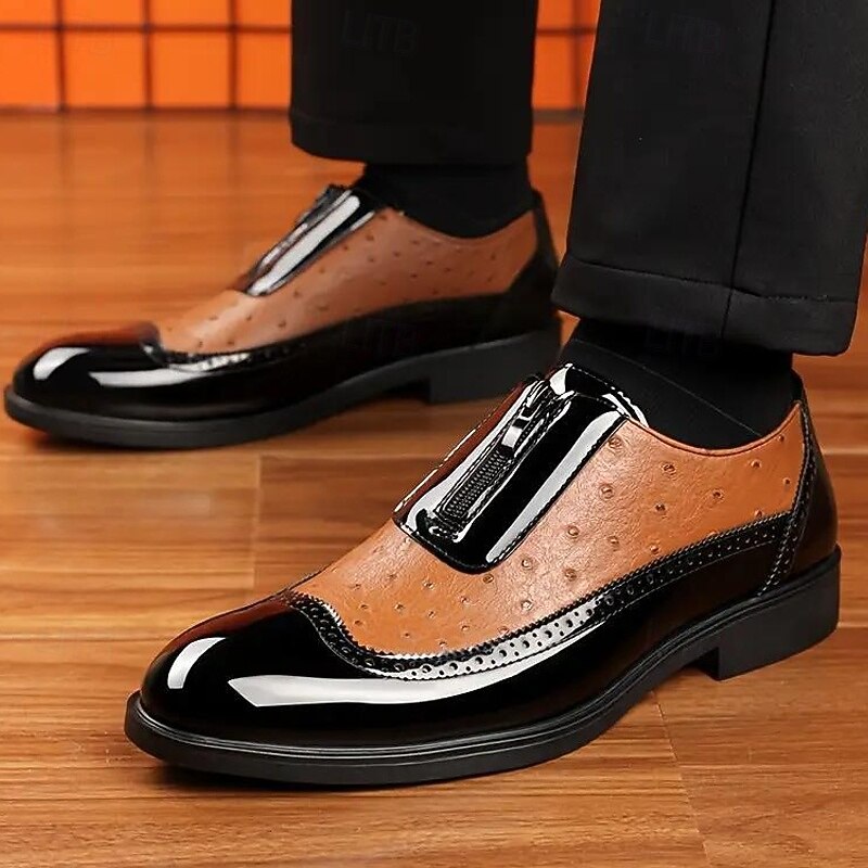 Men's Tan and Black Colorblock Formal Shoes with Patent Finish – Fashion-Forward Dress Shoes for Parties and Special Occasions4