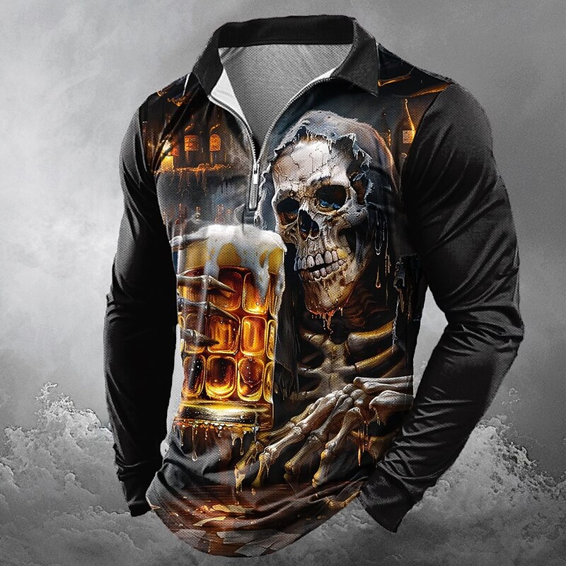 Day of the Dead Men's Skull Oktoberfest Beer Zip Polo Shirts Long Sleeve Polo Shirts Lapel Casual Horror Dark Outdoor Festival Outfit 3D Print Spring Fall Winter Black Red Blue