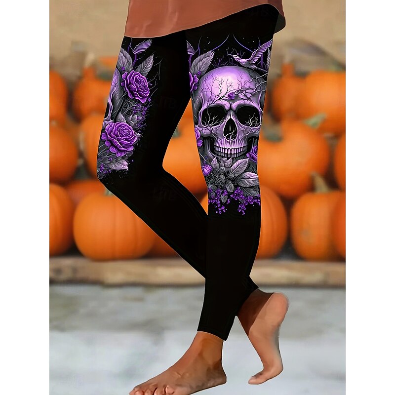 Women's Leggings Vacation Vintage Full Length High WaistPantsHalloween Graphic Skull Halloween Printing Thermal Warm Soft Breathable Stretchy Outdoor Holiday Violet White Orange Spring Fall Slim Fit