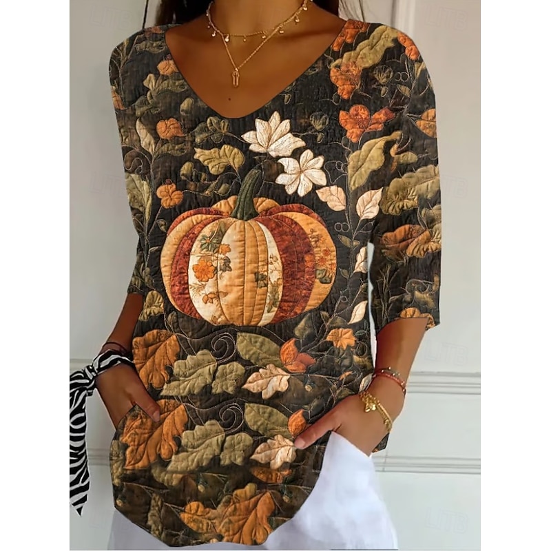 Women's Blouse Floral Graphic Leaf Vintage Tropical Stylish 3/4 Length Sleeve V Neck Regular Tops Daily Pink Purple Orange Brown Red and Pink Spring Fall Winter2