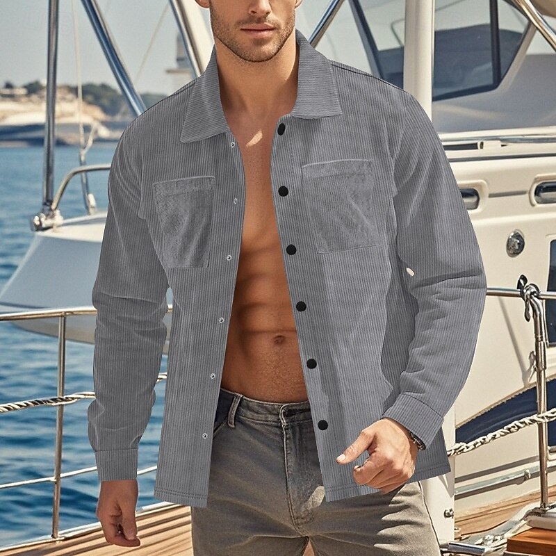Men's Lightweight Jacket Corduroy Jacket Casual Jacket Vacation Daily Breathable Pocket Spring Fall Plain Fashion Classic Lapel Regular Black Army Green Gray Jacket2