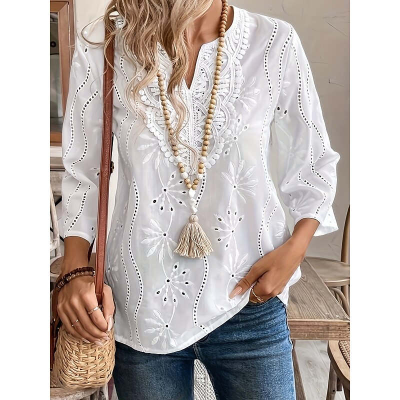 Women's Boho Shirt Dressy Tops Solid Color Floral Casual Boho 3/4 Length Sleeve Elbow Sleeve Bell Sleeve V Neck Long Tops Daily Going out Embroidered White Summer Fall2