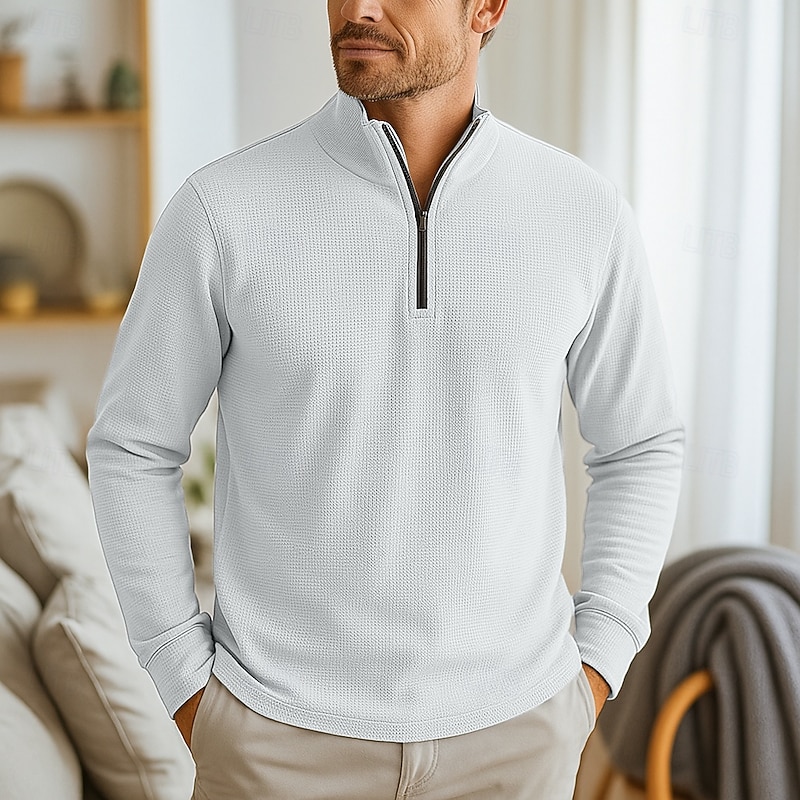 Men's Waffle Polo Shirts Vacation Work Quarter Zip Long Sleeve Fashion Modern Solid Color Knitted Spring &  Fall White Black Dark Grey Light Blue Waffle Polo Shirts