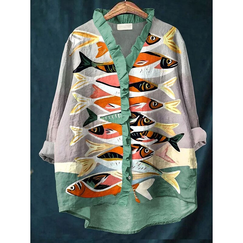 Women's Blouse Graphic Animal Geometric Elegant Bohemia Active Long Sleeve Daily Holiday Going out Ruffle Yellow Pink Blue Orange Green Spring Fall