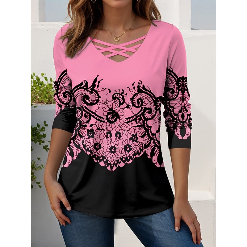 Women's T Shirt Graphic Geometric Vintage Stylish Casual Long Sleeve V Neck Regular Tops Daily Cut Out Print White Pink Blue Green Spring Fall3