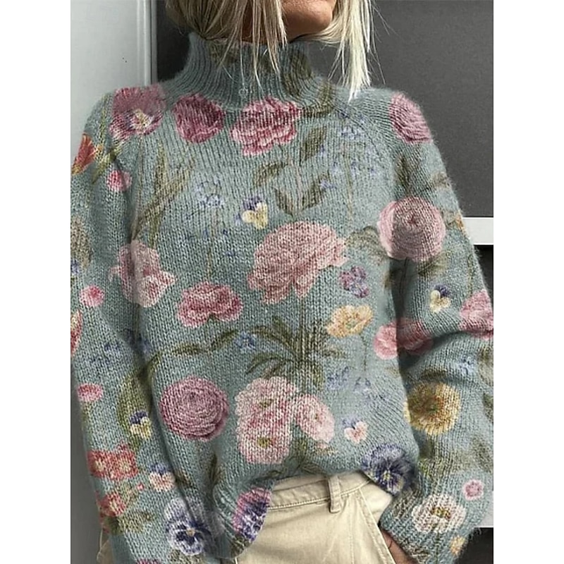 Women's Pullover Vacation Daily Graphic Tree Christmas Bell Ribbed Turtleneck Print Long Sleeve Regular Tops Knit Outdoor Daily Holiday Royal Blue Blue Fall Winter2