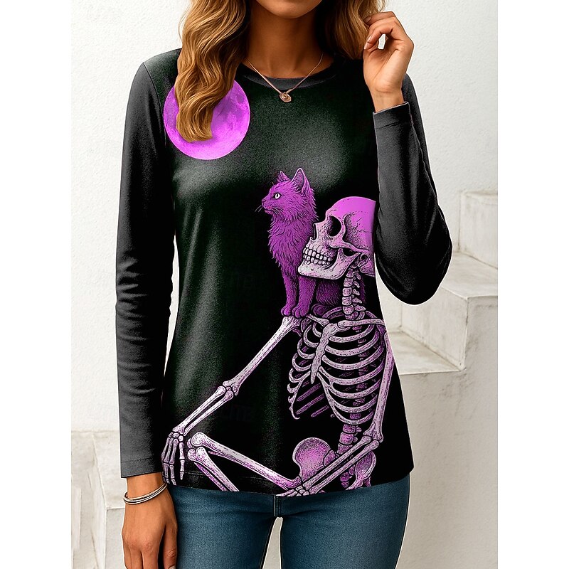 Halloween Women's T Shirt Skulls Graphic Cat Vintage Fashion Stylish Long Sleeve Crew Neck Regular Tops Daily Print Purple Orange Green Beige Fall Winter3