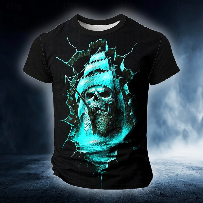 Halloween Men's Skull Ship 3D T Shirt Short Sleeve T shirt 3D Print Crew Neck Shirt Exaggerated Designer Horror Party Street Holiday Lake Blue Blue Orange Summer Spring Clothing Apparel S M L XL XXL3