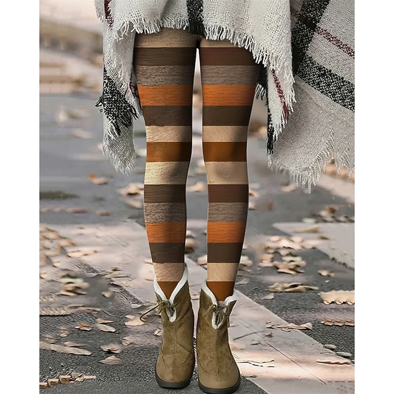 Women's Pants Trousers Leggings Cozy Leggings Streetwear Casual Full Length High Waist Color Block Stripe Elastic Waist Print Breathability Comfortable Stretchy Vacation Street Daily Wear Blue Brown2