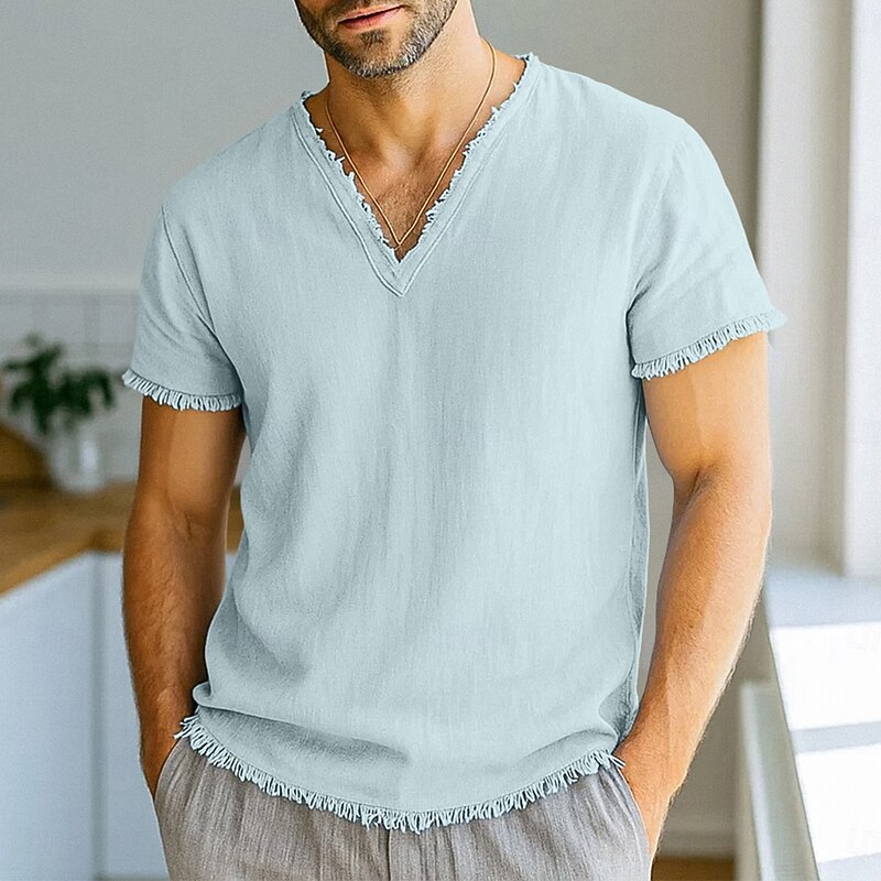 Men's Tee Top Linen T-Shirt Short Sleeves V Neck Summer Spring Solid Color Plain Fashion Designer Basic Soft Vacation Casual Casual Daily White Pink Burgundy Top Tee for Men3