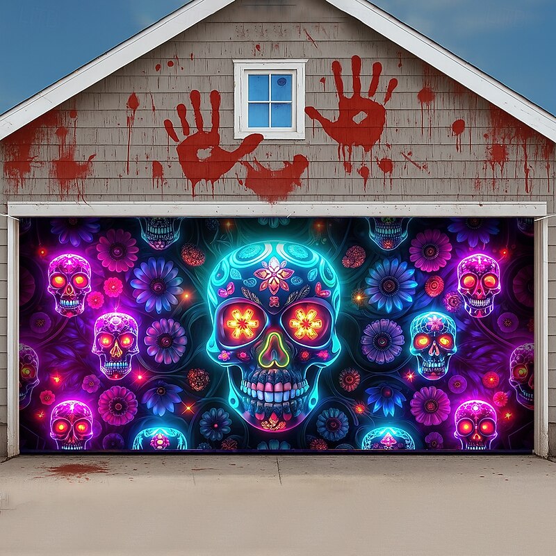 Day of the Dead Garage Door Cover Large Hanging Backdrop Skeleton Mexico Dark Punk Gothic Style Party Outdoor Shooting Backgrounds Front Door Home Decor