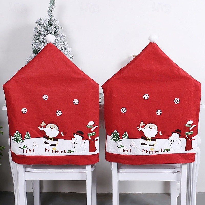 Christmas Chair Cover Cute Santa Claus Printed Nonwoven Fabric Chair Decoration for Home Kitchen Holiday Dining Room Christmas Party Festive Season Accessory
