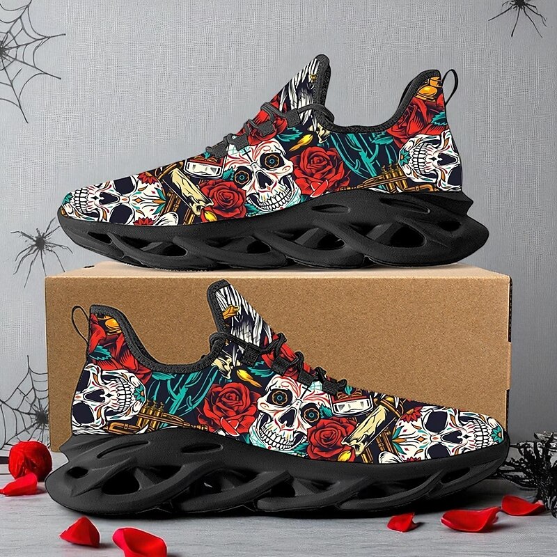 Men's Rose Skull Print Lace-Up Sneakers – Gothic Casual Halloween Shoes with Comfortable Sole for Party, Cosplay and Everyday Outfits