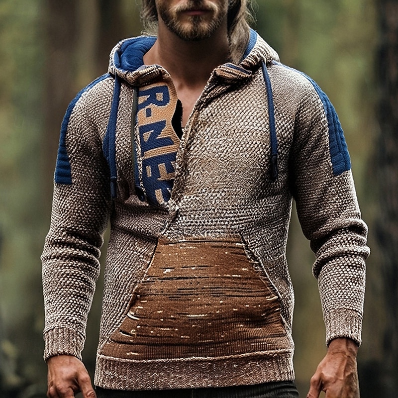 Men's Pullover Sweater Jumper Quarter Zip Sweaters Knit Sweater Ribbed Knit Regular Tops Knitted Letter Hooded Fashion Basic Vacation Daily Wear Clothing Apparel Fall Winter Yellow Red S M L