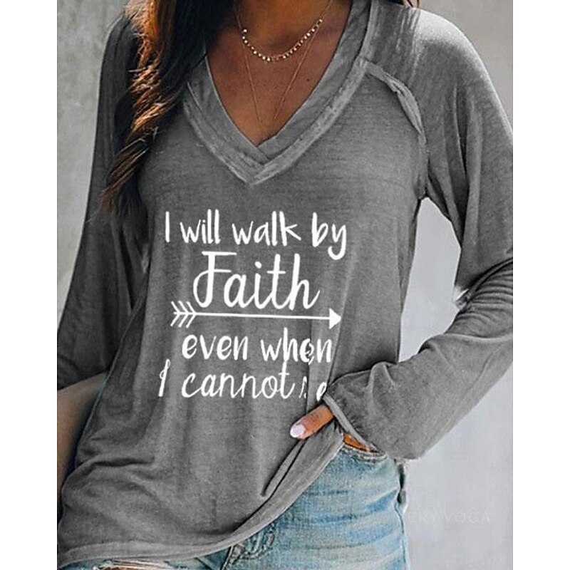 Women's T Shirt Letter Casual Long Sleeve V Neck Regular Tops Daily Weekend Print Black White Pink Orange Gray Fall4