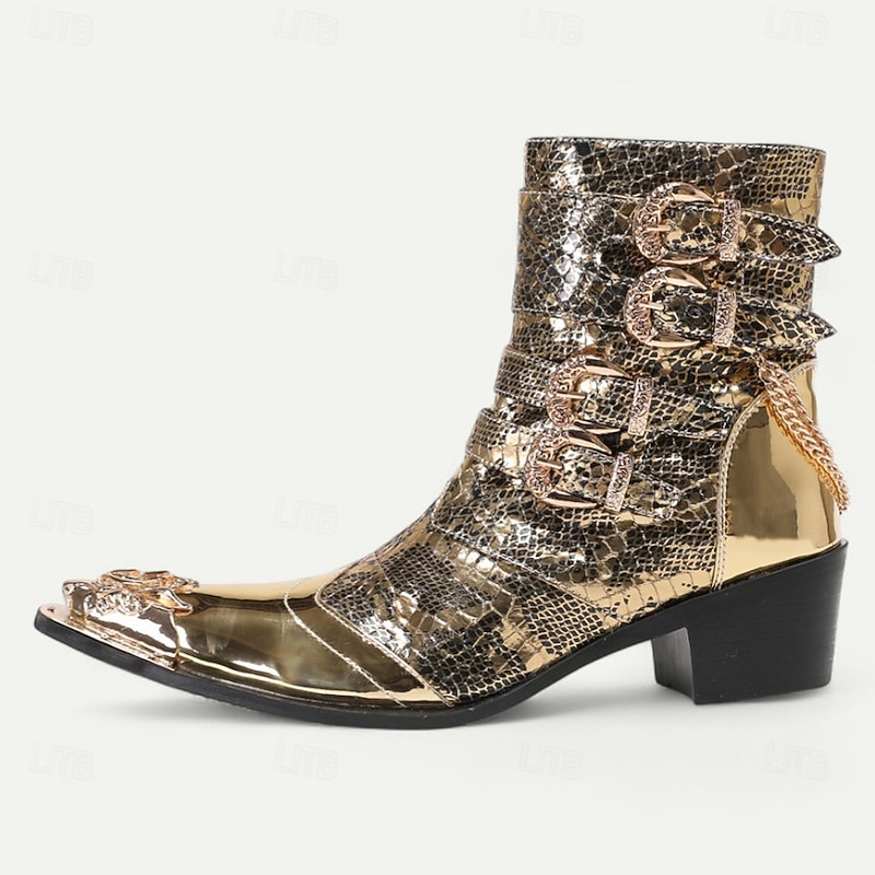 Men's Gold Crocodile-Pattern Ankle Boots – Rocker Style Western Boots with Buckles for Parties, Concerts and Nightlife Fashion4