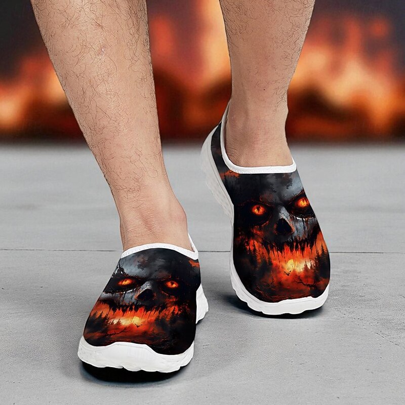 Men's Mesh Slip-On Sneakers with Fiery Skull Print – Casual Halloween Festival Shoes for Party, Travel and Daily Wear