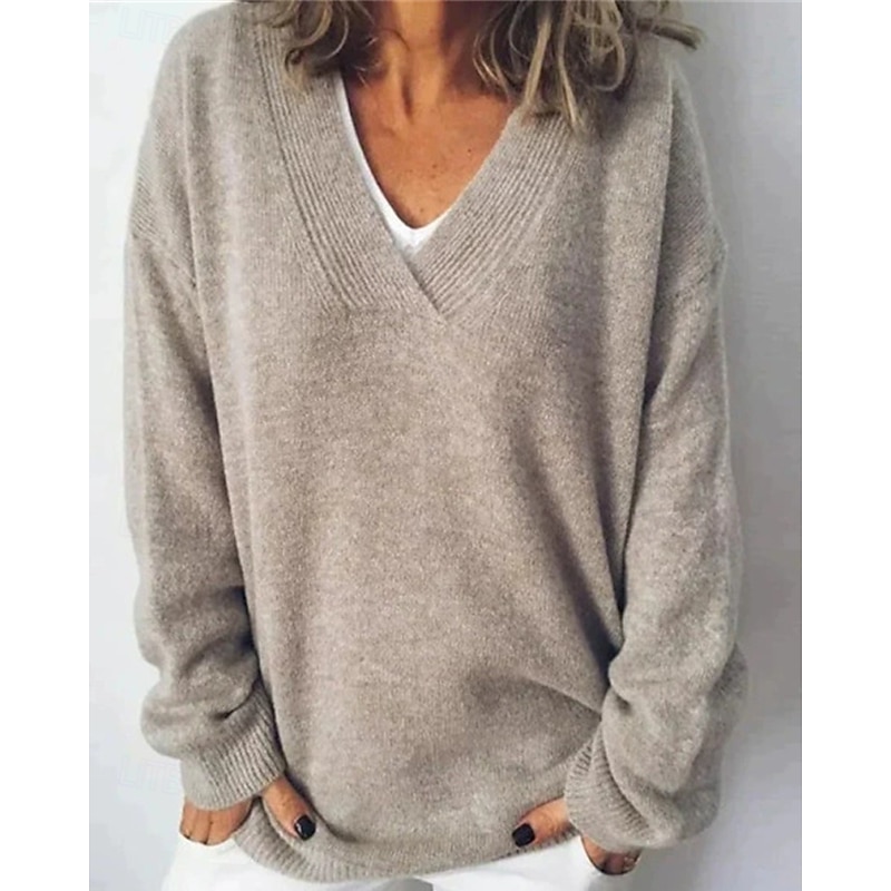 Women's Sweater Fashion Solid Color Ribbed V Neck Knitted Long Sleeve Regular Tops Knit Holiday Going out Weekend Khaki Winter
