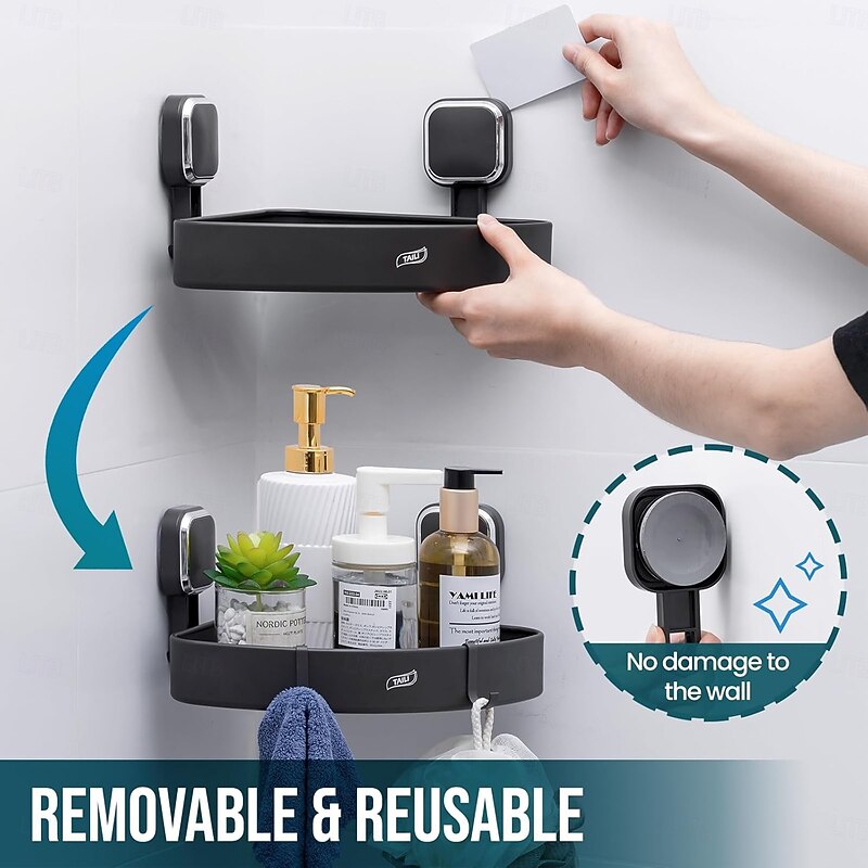 TAILI Corner Shower Caddy with Suction Cup Hooks, Aluminum Corner Shelf Basket, Wall Mounted Organizer Rack for Shampoo, No-Drilling Rustproof for Kitchen and Bathroom3