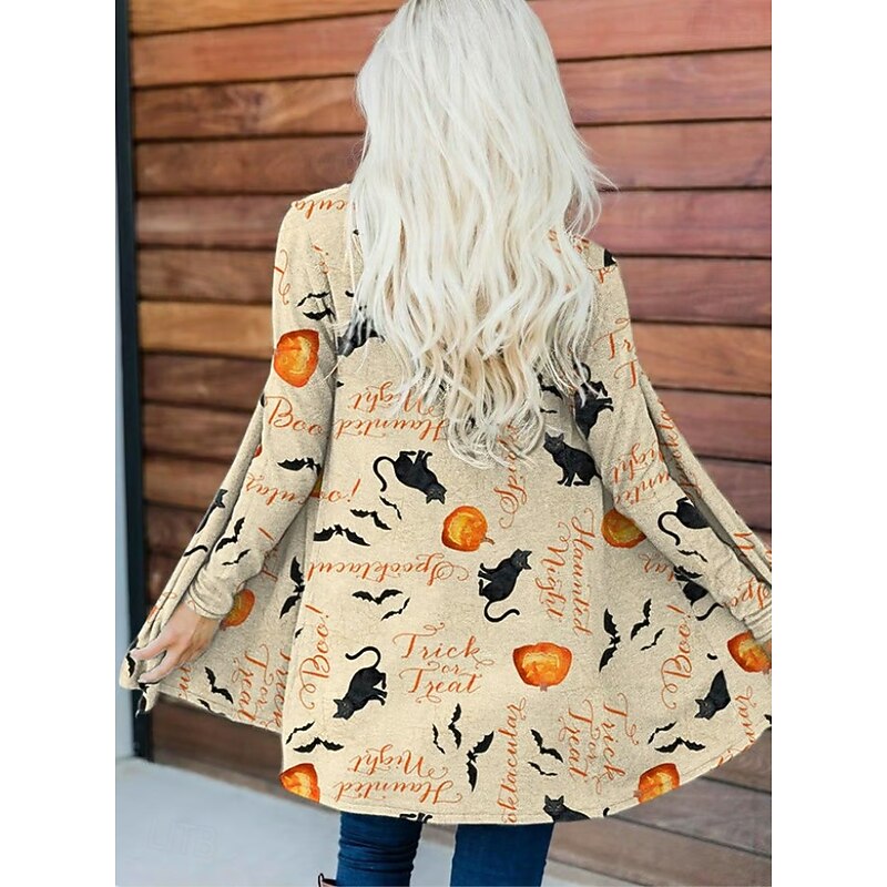 Halloween Women's Coat Lightweight Comfortable Black Cat Print Open Front Vintage Artistic Casual Skull Black cat Casual Long Collarless Regular Fit Long Sleeve Outerwear Black Blue Khaki Spring Fall