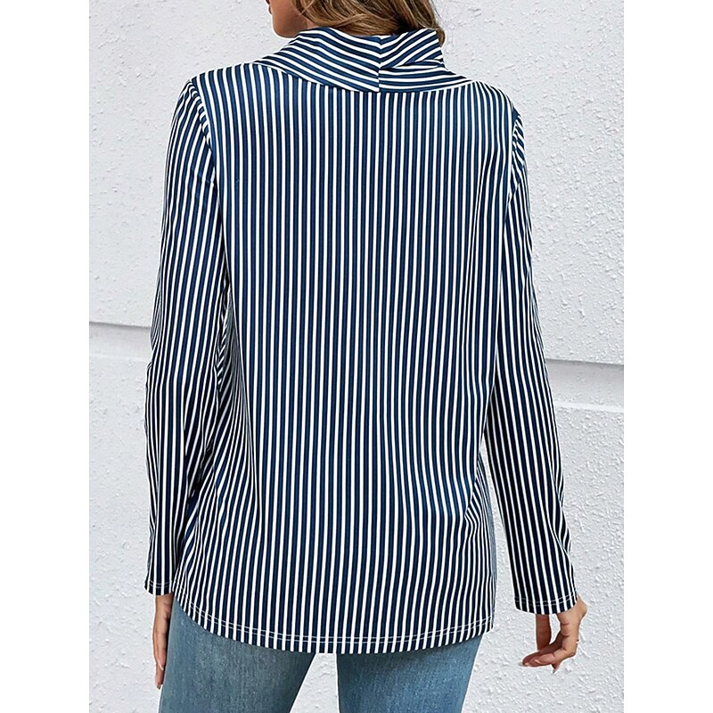 Women's T Shirt Graphic Striped Vintage Stylish Casual Long Sleeve V Neck Regular Tops Daily Weekend Buttons Print Navy Blue Fall Winter2