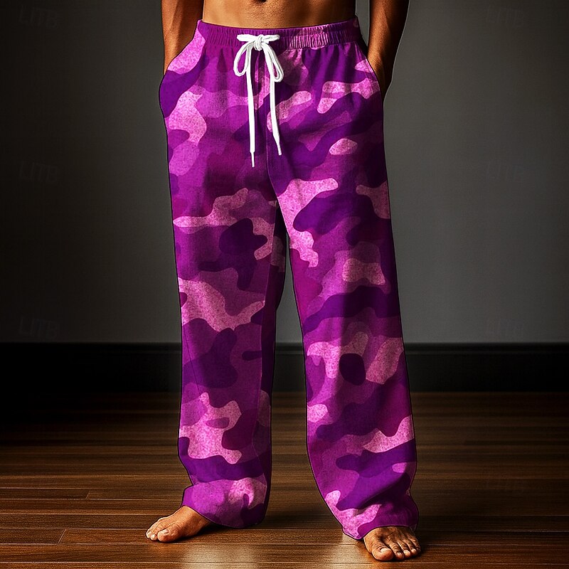 Men's Trousers Baggy Pants Casual Pants Elastic Drawstring Waist Linen-Like Pants with Pockets Camo Camouflage Full Length Outdoor Vacation Classic Style Army Green Purple Inelastic2