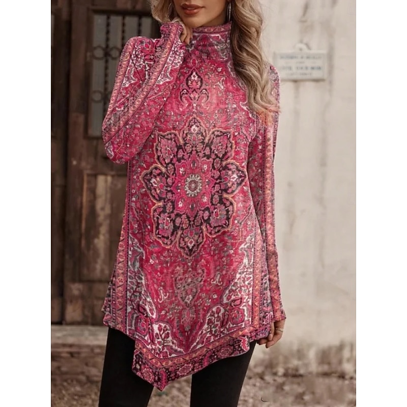 Women's T Shirt Floral Graphic Plants Casual Long Sleeve Turtleneck Long Tops Daily Print Asymmetrical Black and White Red Green Spring Fall4