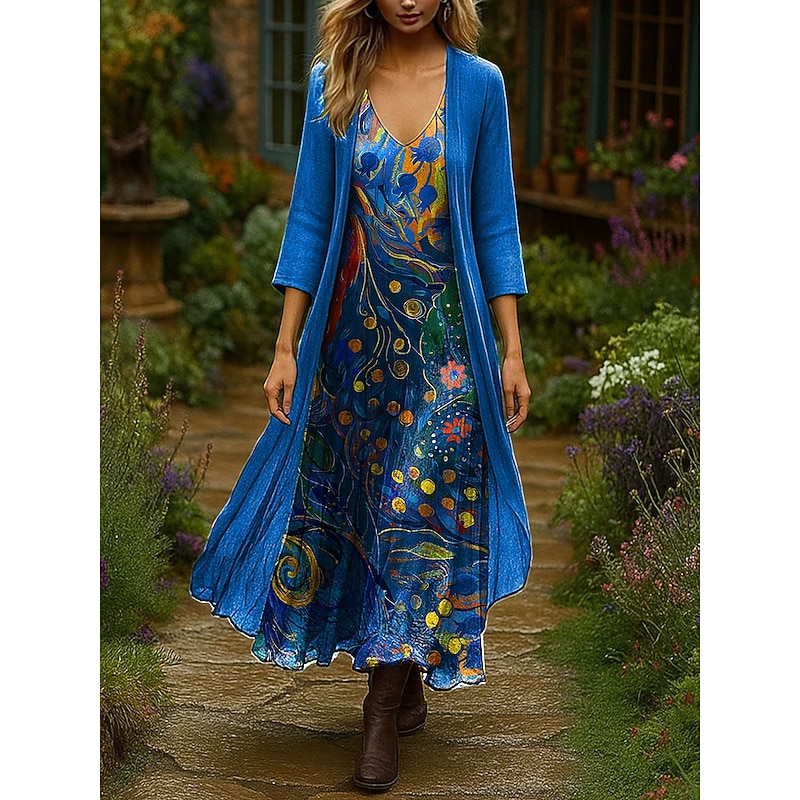 Women's Dress Set Maxi Dress A Line Dress Vacation Boho Floral Graphic Layered Print Maxi Dress 3/4 Length Sleeve V Neck Outdoor Daily Navy Blue Blue Orange Summer Spring Regular Fit2