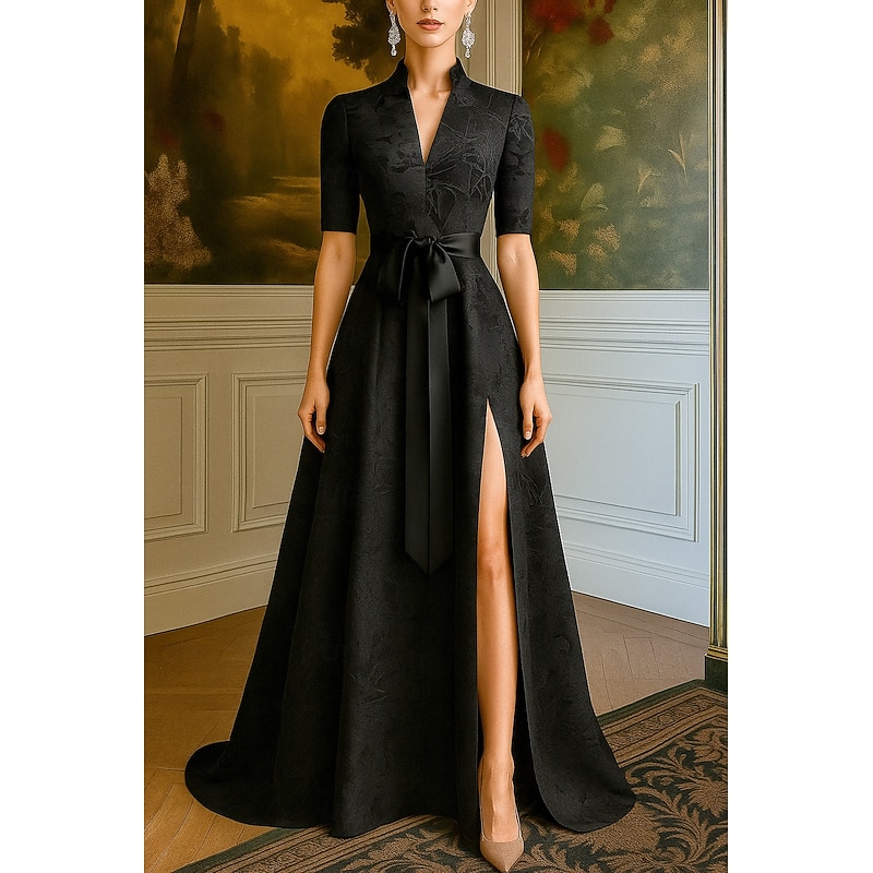 Black Tie Jacquard Brocade A-Line Evening Gown Elegant Dress Formal Wedding Floor Length 3/4 Length Sleeve V Neck Pocket Nylon with Bow(s) Strappy 2025