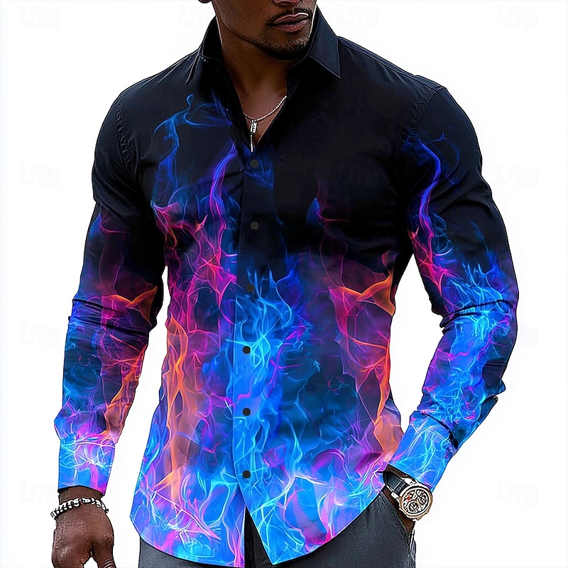 Men's Optical Illusion Flame Shirt Button Up Shirt Casual Dress Shirt Long Sleeve Casual Outdoor Holiday Summer Spring Turndown 3D Print Collared Shirts Black Red Purple Green