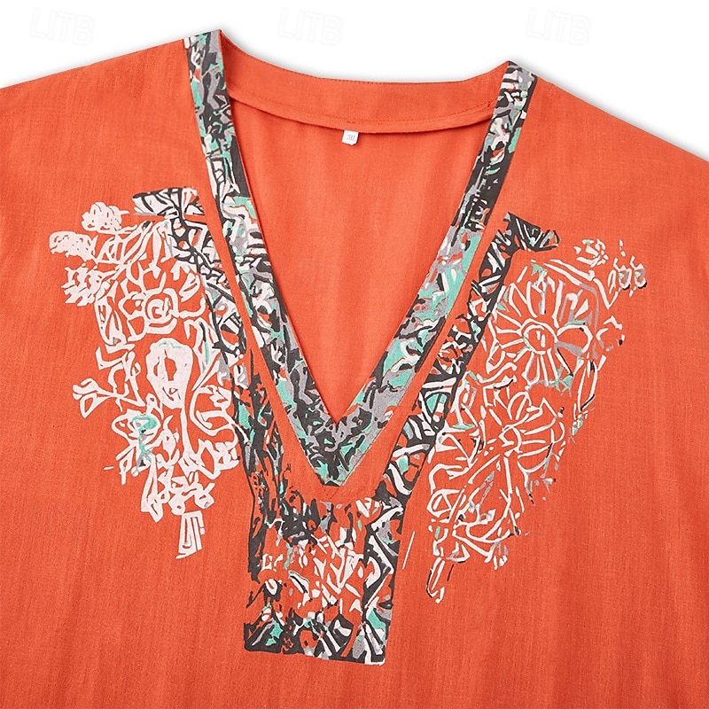 Men's Popover Shirt Summer Shirt Beach Wear Vintage Shirt Ethnic Shirt Floral Vacation Holiday Yellow Blue Orange Brown Long Sleeve V Neck Summer Spring Clothing Apparel4