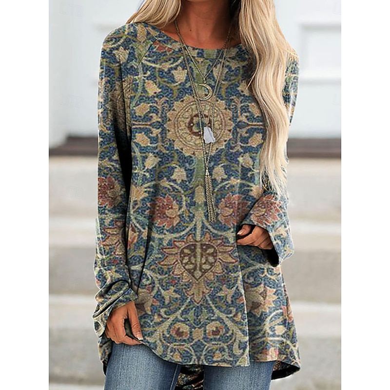 Women's T Shirt Graphic Tribal Vintage Stylish Casual Long Sleeve Crew Neck Long Tops Daily Print Blue Brown Green Khaki Spring Fall4