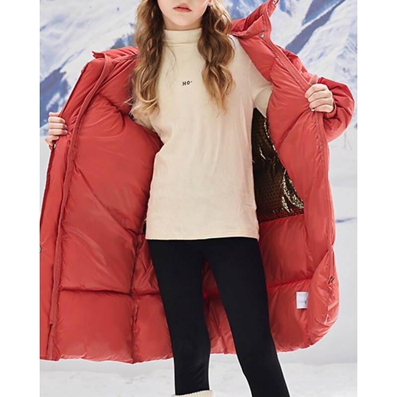 Kids Girls' Down Coat Solid Color Fashion Zipper Pocket School Coat Outerwear 4-12 Years Winter Black Red2