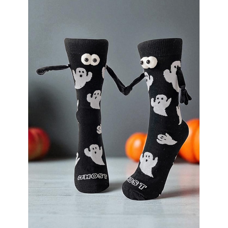 Women's Halloween Ghost Socks with 3D Eyes and Cartoon Style, Fun Cozy Crew Socks for Parties and Casual Wear3D4