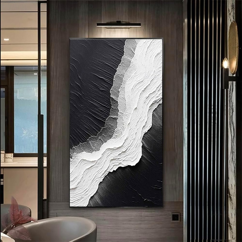 Handmade Oil Painting Canvas Wall Art Decoration Modern Abstract Landscape Black and White Wave Texture for Home Decor Rolled Frameless Unstretched Painting