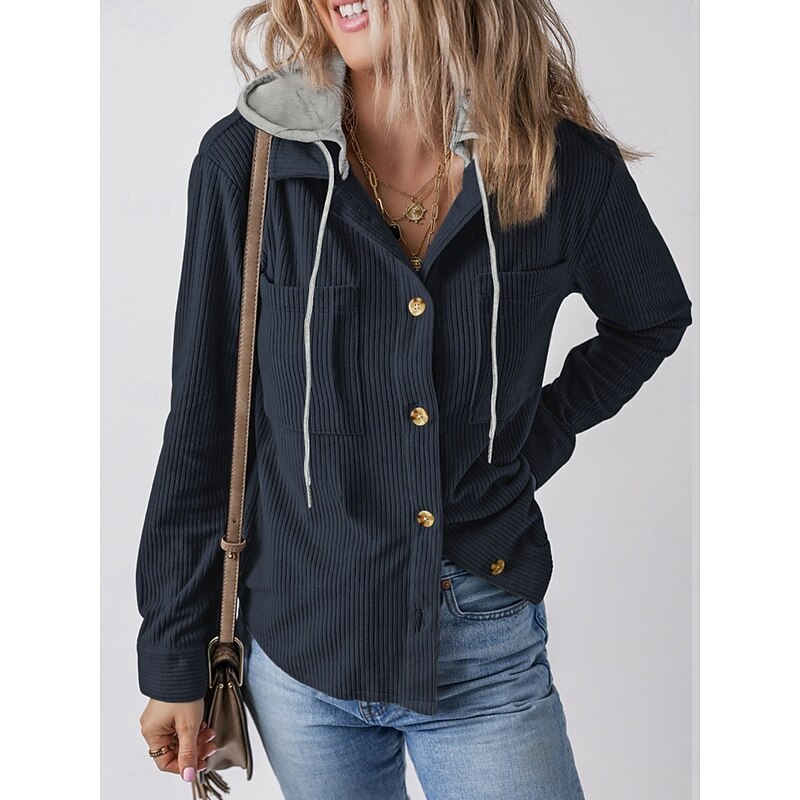 Women's Hoodie Jacket Comfortable Breathable Buttons Casual Plain Vacation Street Casual Daily Wear Single Breasted Regular Hooded Regular Fit Long Sleeve Outerwear Navy Black Army Green Spring Fall2