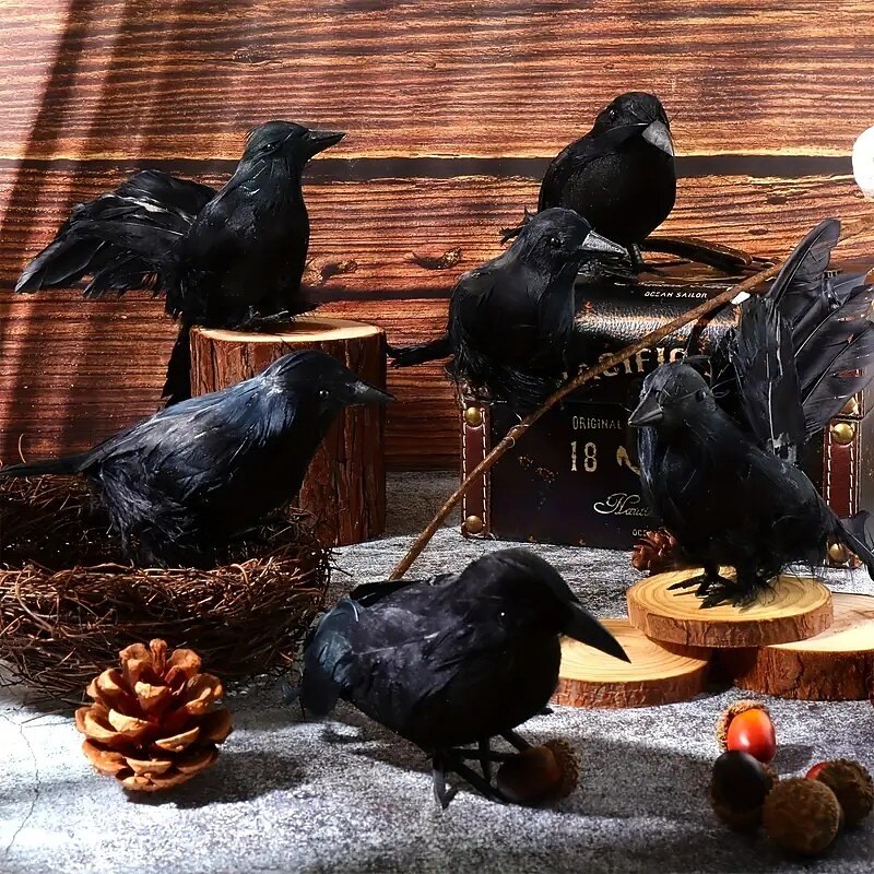 5-Piece Halloween Realistic Black Crow Set with Faux Feathers, Vintage Halloween Decor, Non-Electric, Indoor Seasonal Display, Gothic Home and Party Decoration3